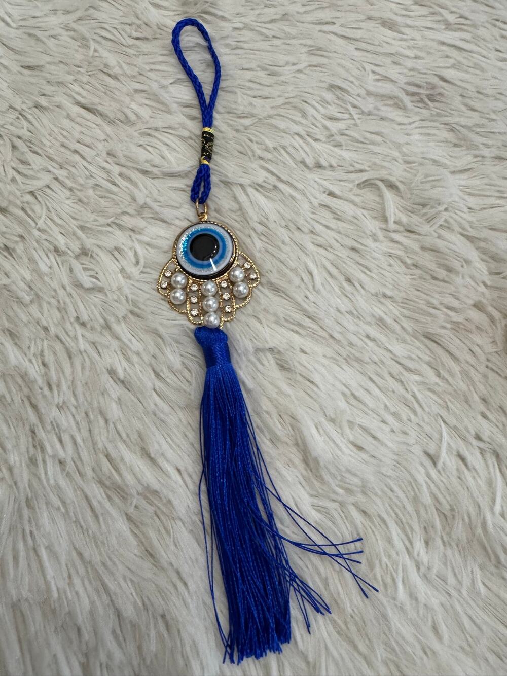 Blue Evil Eye Tassel Charm with Pearl Accents